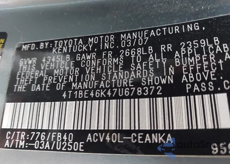 2007 Toyota Camry Le from USA, damaged, VIN 4T1BE46K47U678372